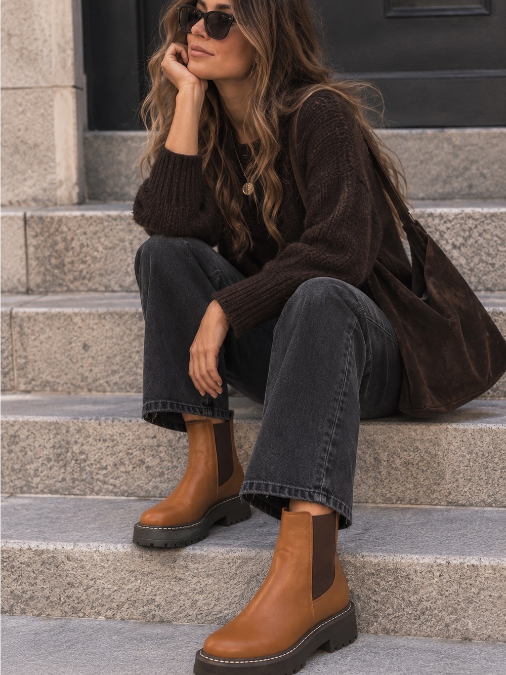 Womens Chelsea-Style Leather Boots in Cognac Brown